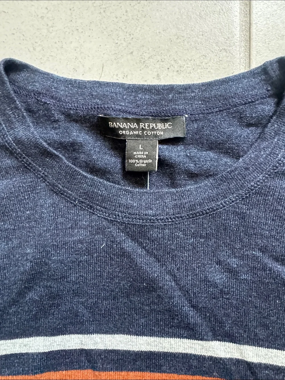 Banana Republic Navy and White Striped Crewneck Sweater with Rust Stripe